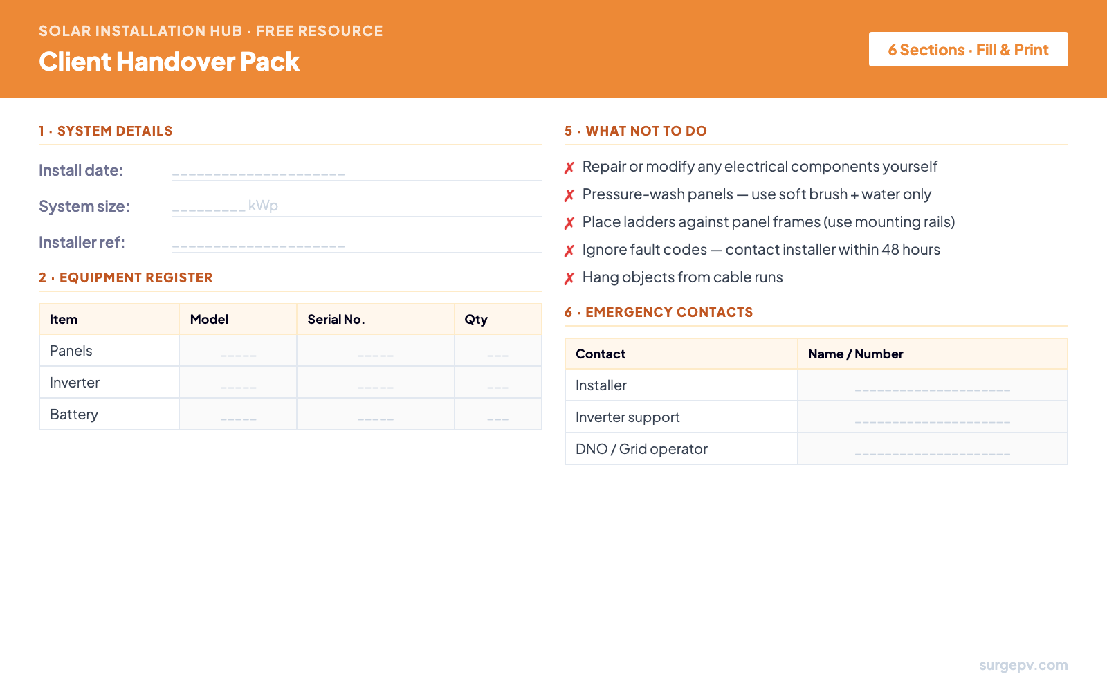 Client Handover Pack template — equipment register, warranties, monitoring setup, emergency contacts